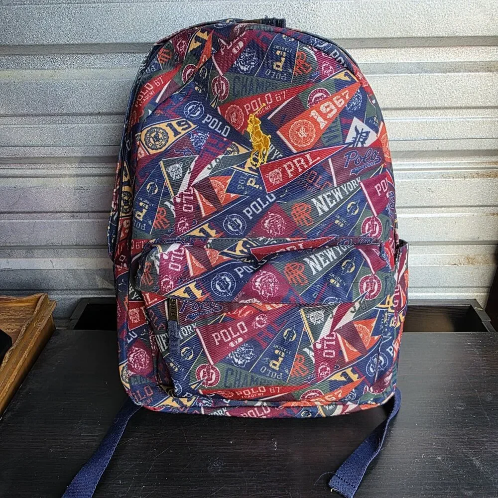 Polo Ralph Lauren Multi Print Backpack Yellow Gold Rider Pennants Classic Preppy